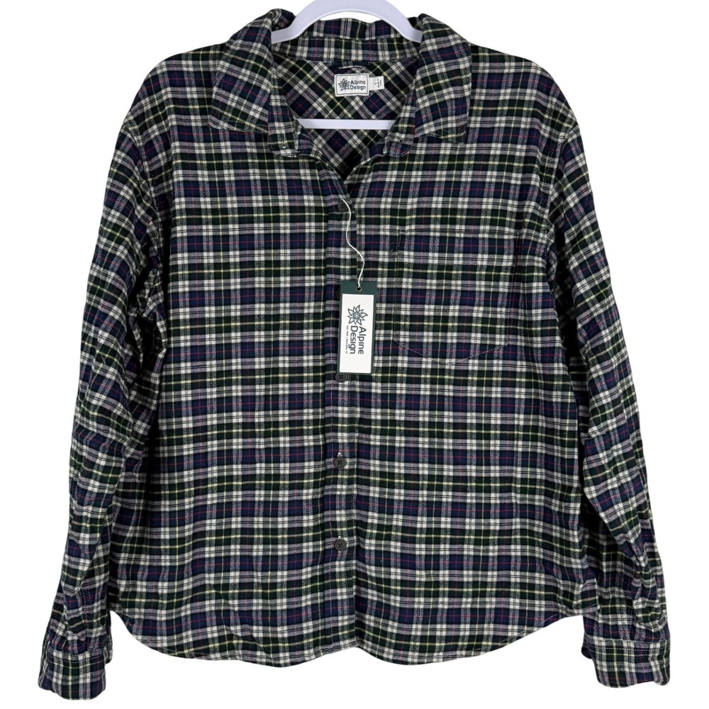 Alpine‎ Design Womens L Midweight Flannel Shirt Button Up Navy Cream Plaid NEW
